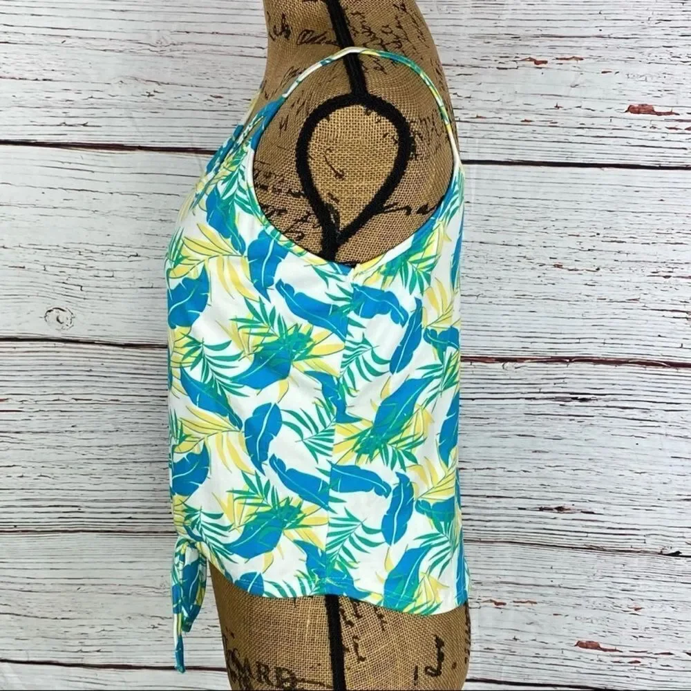Poof Leafy Palm Print Tie‎ Front Strappy Neckline Tank Top Green Yellow Large